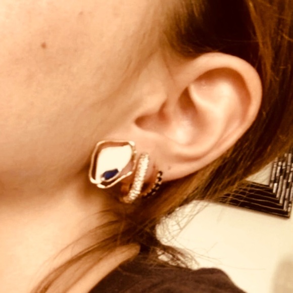 “Creamy Puddles” Artistic Artsy Art Deco Navy Blue Swirl Metallic Gold Wavy Stud - Picture 6 of 14